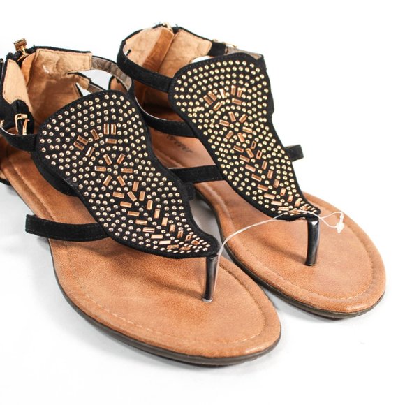 Classic Boho New Black Sandals Gold Detail Beading Size 9 - Picture 2 of 6